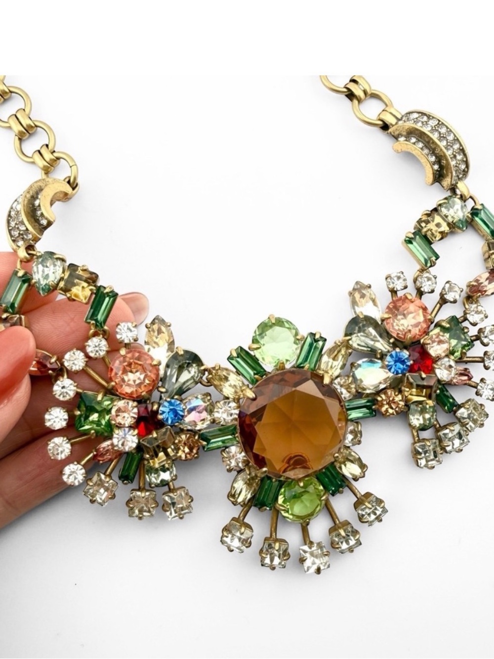 Rare Retired J.Crew Crystal Floral Statement Necklace Gold Multicolor - Picture 3 of 5